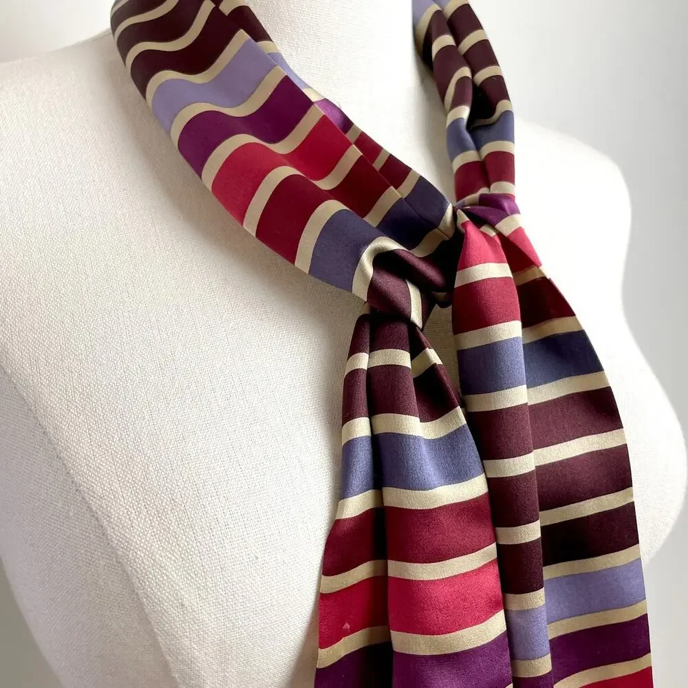 Vintage 90s Echo Silk Scarf Rectangle Satin Striped Jewel Tones Fringe‎ Burgundy